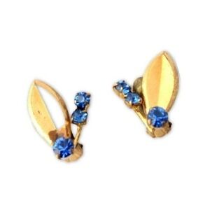 Vintage Signed Austria Blue Rhinestone Flower Rhinestone Clip-On Earrings